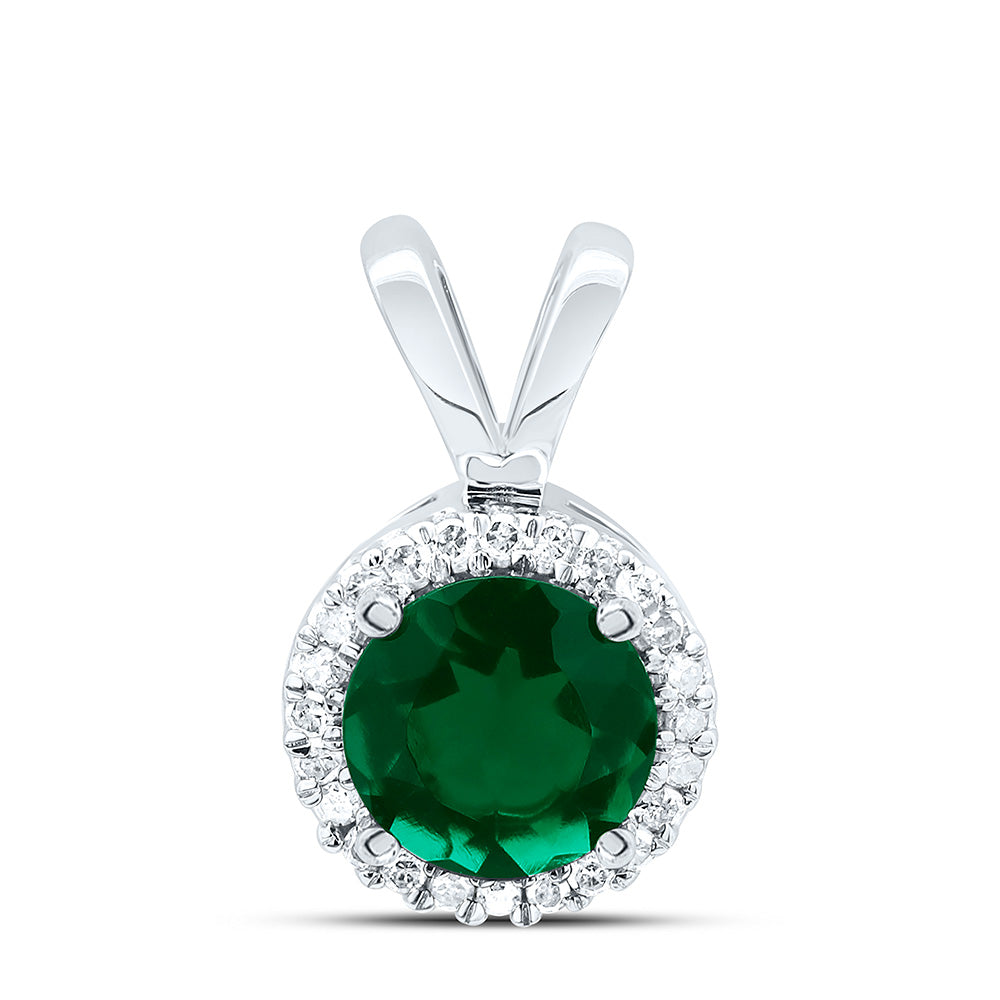 10k White Gold Womens Synthetic Emerald Solitaire & Diamond Halo Pendant 7/8 Cttw