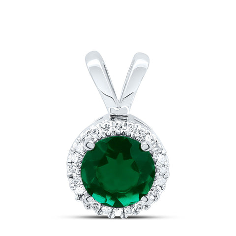 10k White Gold Womens Synthetic Emerald Solitaire & Diamond Halo Pendant 7/8 Cttw