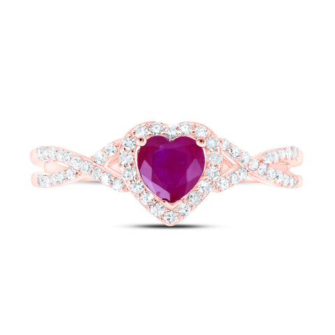 10kt Rose Gold Womens Heart Ruby Diamond Halo Ring 1 Cttw