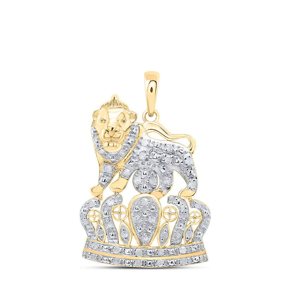 Sterling Silver Mens Round Diamond Lion Crown Charm Pendant 1/4 Cttw