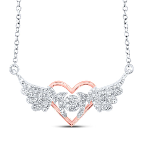 Sterling Silver Womens Round Diamond 18-inch Heart Wing Mom Necklace 1/5 Cttw