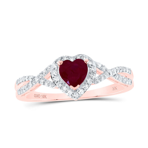 10kt Rose Gold Womens Heart Ruby Diamond Halo Ring 1 Cttw