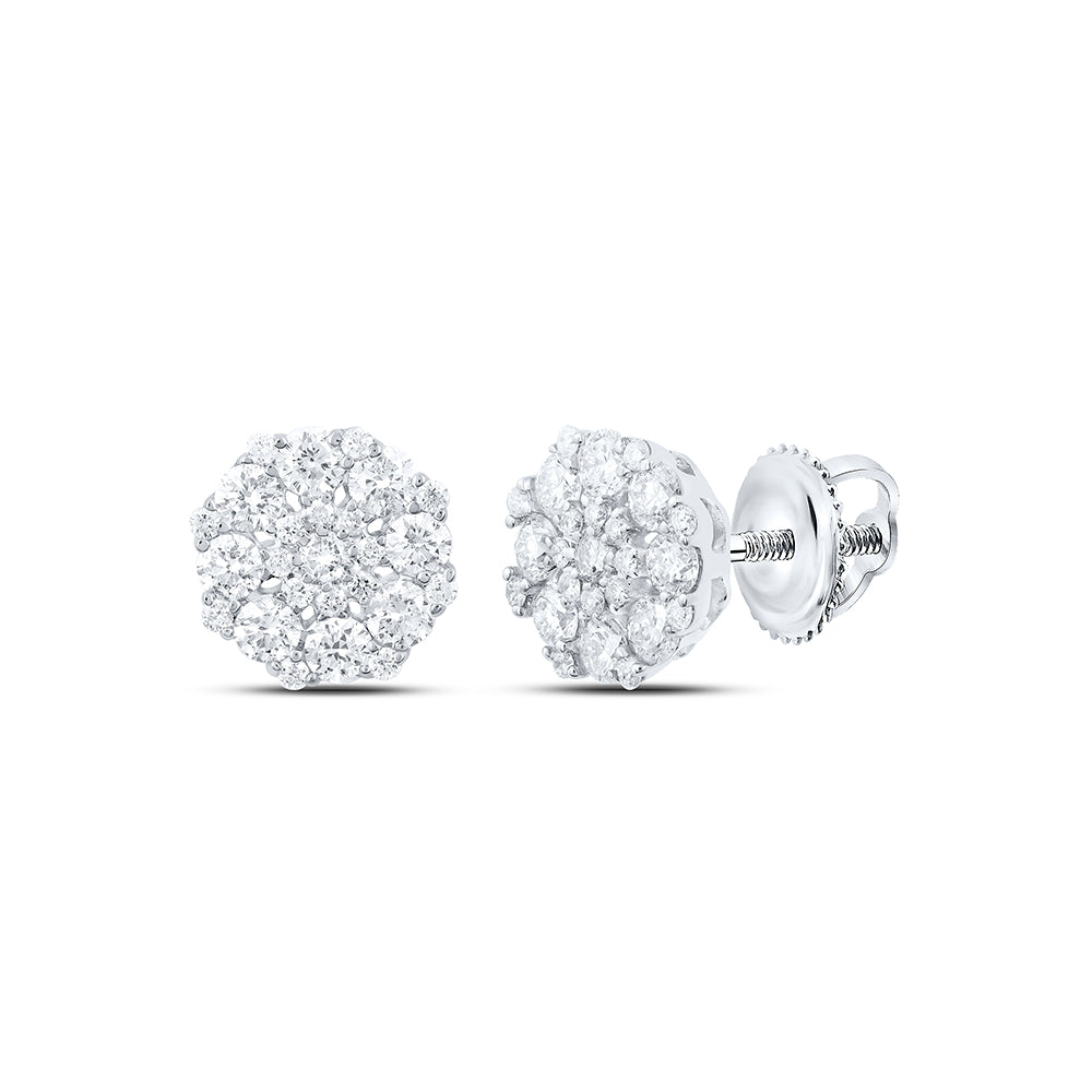 10kt White Gold Womens Round Diamond Octagon Cluster Earrings 7/8 Cttw