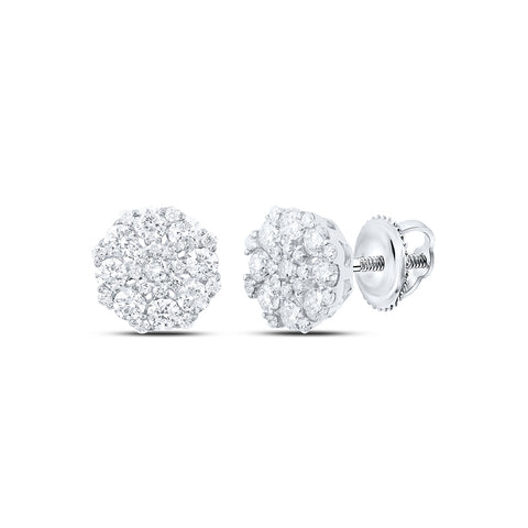 10kt White Gold Womens Round Diamond Octagon Cluster Earrings 7/8 Cttw