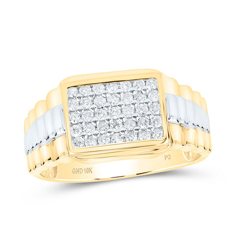 10kt Yellow Gold Mens Round Diamond Rectangle Cluster Ribbed Two-tone Ring 1/2 Cttw