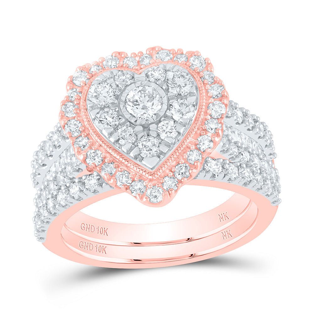 10kt Rose Gold Round Diamond Heart Bridal Wedding Ring Band Set 2 Cttw