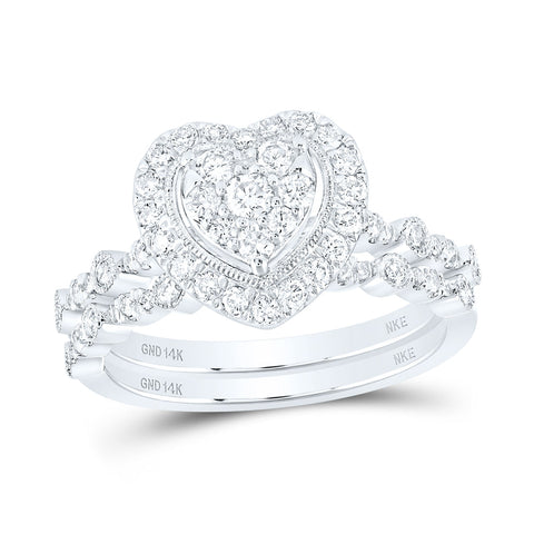 14kt White Gold Round Diamond Heart Bridal Wedding Ring Band Set 5/8 Cttw