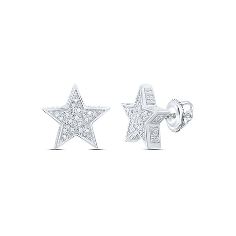 Sterling Silver Round Diamond 3D Star Stud Earrings 1/8 Cttw