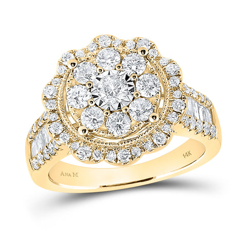 14kt Yellow Gold Womens Round Diamond Flower Cluster Ring 1-5/8 Cttw