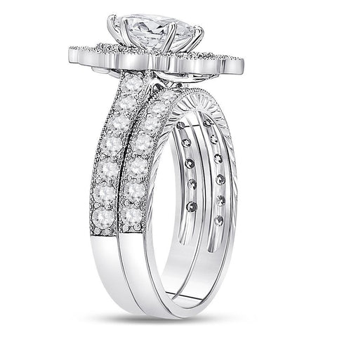 14kt White Gold Marquise Diamond Bridal Wedding Ring Band Set 2 Cttw