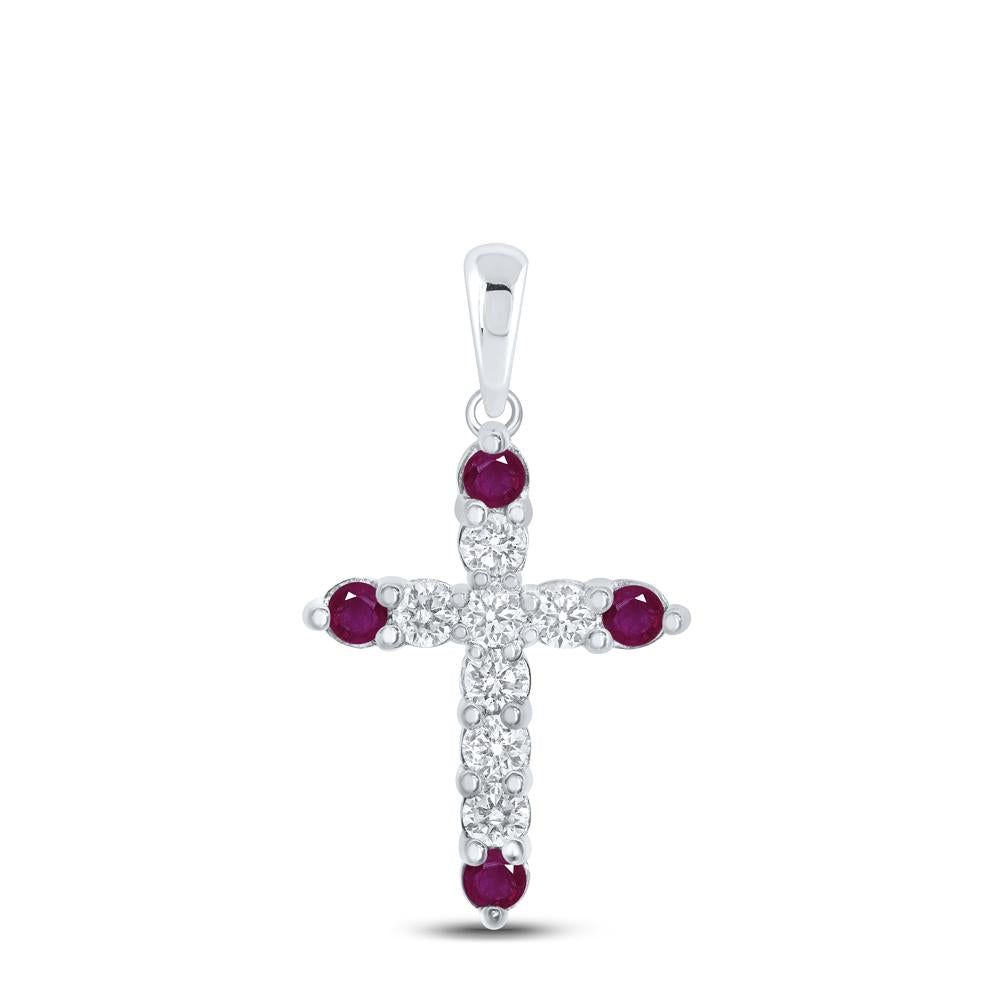 10kt White Gold Womens Round Ruby Diamond Cross Pendant 1-1/5 Cttw