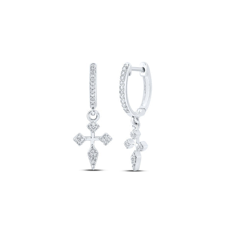 10kt White Gold Womens Round Diamond Cross Hoop Dangle Earrings 1/6 Cttw