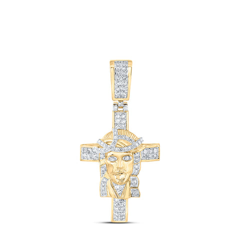 10kt Yellow Gold Mens Round Diamond Jesus Cross Charm Pendant 1/2 Cttw