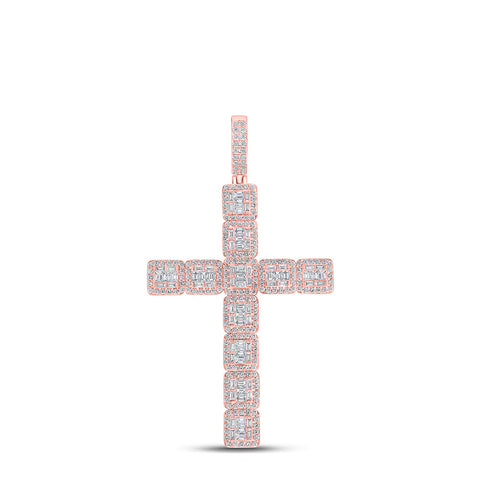 10kt Rose Gold Mens Baguette Diamond Cross Charm Pendant 4-5/8 Cttw