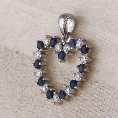 10kt White Gold Womens Round Blue Sapphire Diamond Heart Pendant 1/2 Cttw