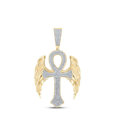 10kt Yellow Gold Mens Round Diamond Wing Ankh Cross Charm Pendant 5/8 Cttw