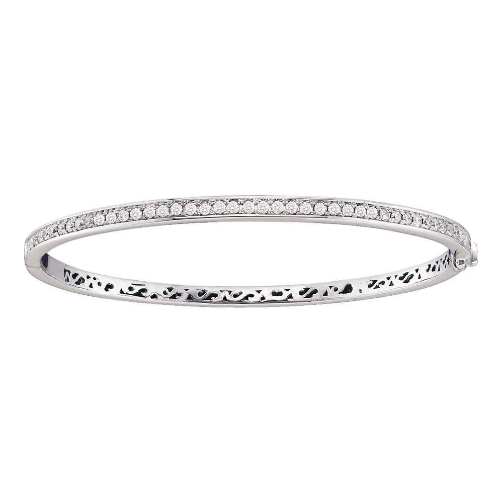 14kt White Gold Womens Round Diamond Classic Single Row Bangle Bracelet 1 Cttw