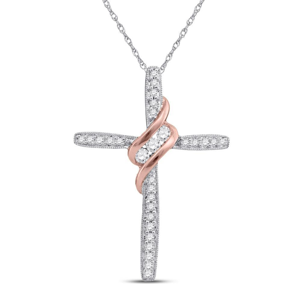 10kt White Gold Womens Round 3-Stone Diamond Rose-tone Cross Pendant 1/5 Cttw