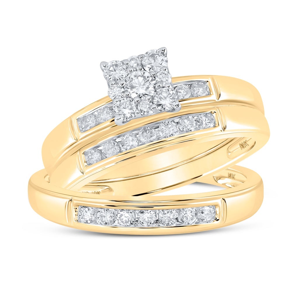 10kt Yellow Gold His Hers Round Diamond Square Matching Wedding Set 3/4 Cttw