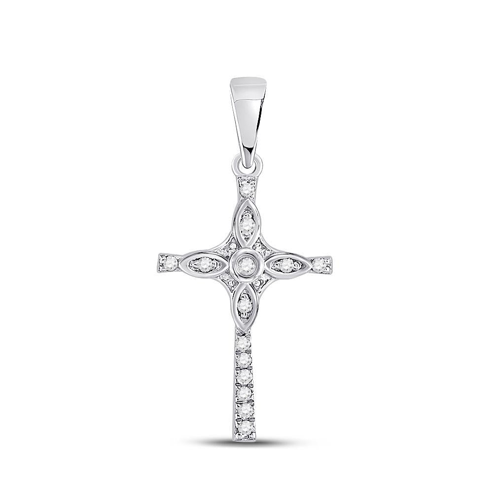 10kt White Gold Womens Round Diamond Faith Cross Pendant 1/12 Cttw