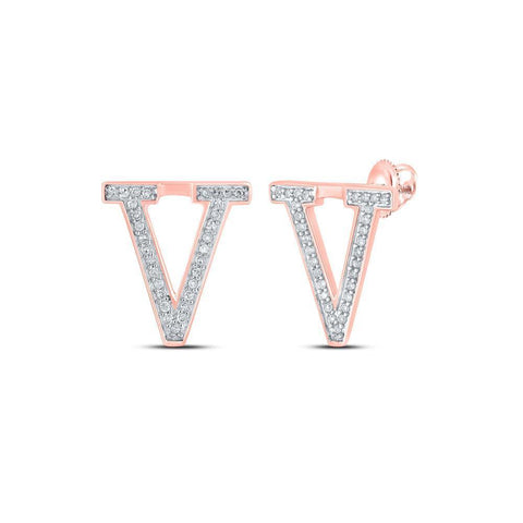 10kt Rose Gold Womens Round Diamond V Initial Letter Earrings 1/8 Cttw