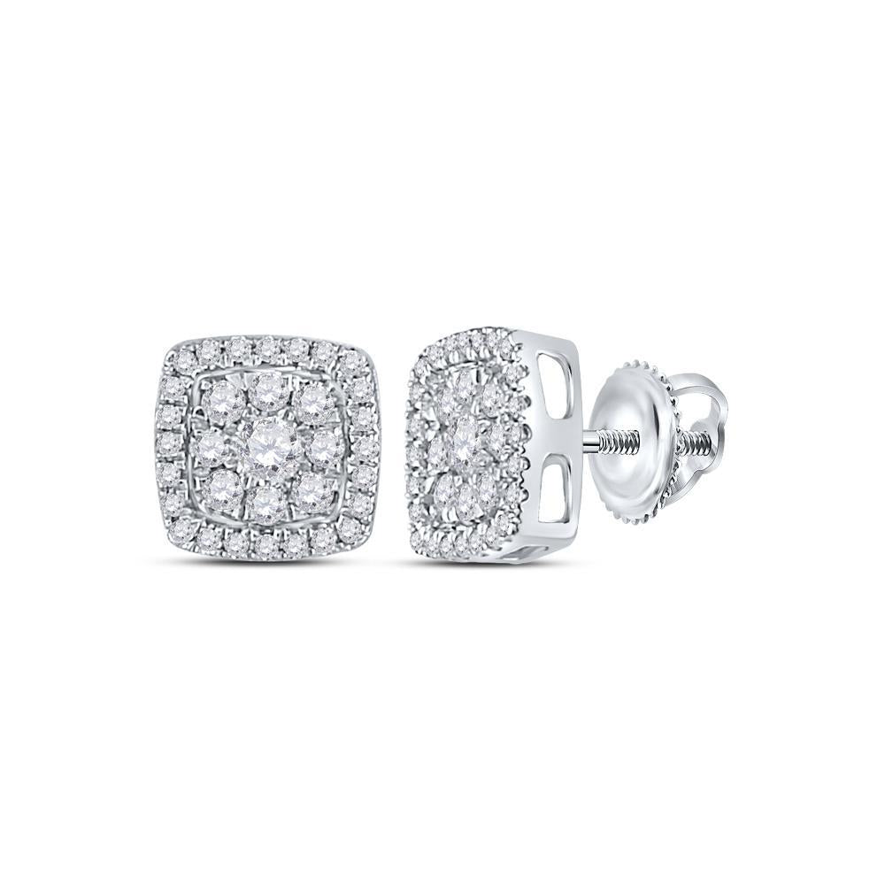 14kt White Gold Womens Round Diamond Square Cluster Earrings 1/2 Cttw