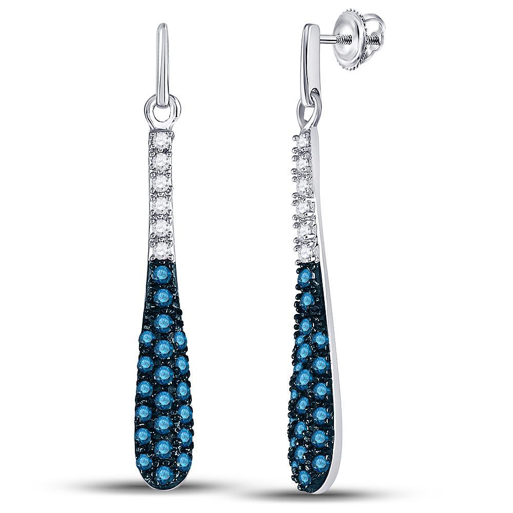 10kt White Gold Womens Round Blue Color Enhanced Diamond Teardrop Dangle Earrings 3/4 Cttw