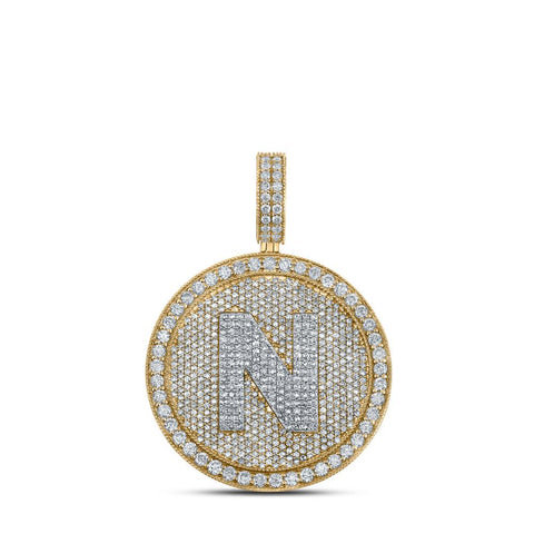 10kt Two-tone Gold Mens Round Diamond Letter N Circle Charm Pendant 3-7/8 Cttw