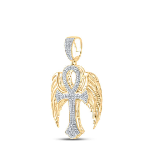 10kt Yellow Gold Mens Round Diamond Wing Ankh Cross Charm Pendant 5/8 Cttw