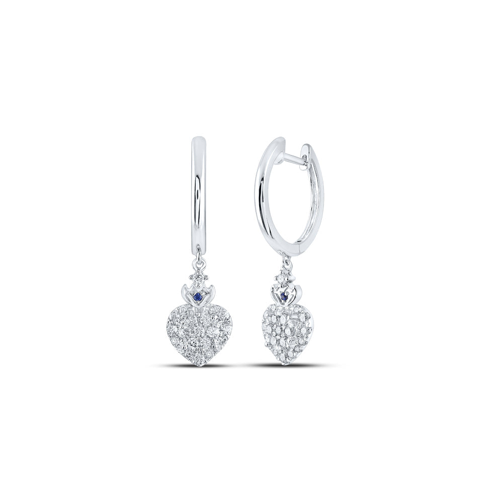 14kt White Gold Womens Round Diamond Heart Hoop Dangle Earrings 1/2 Cttw