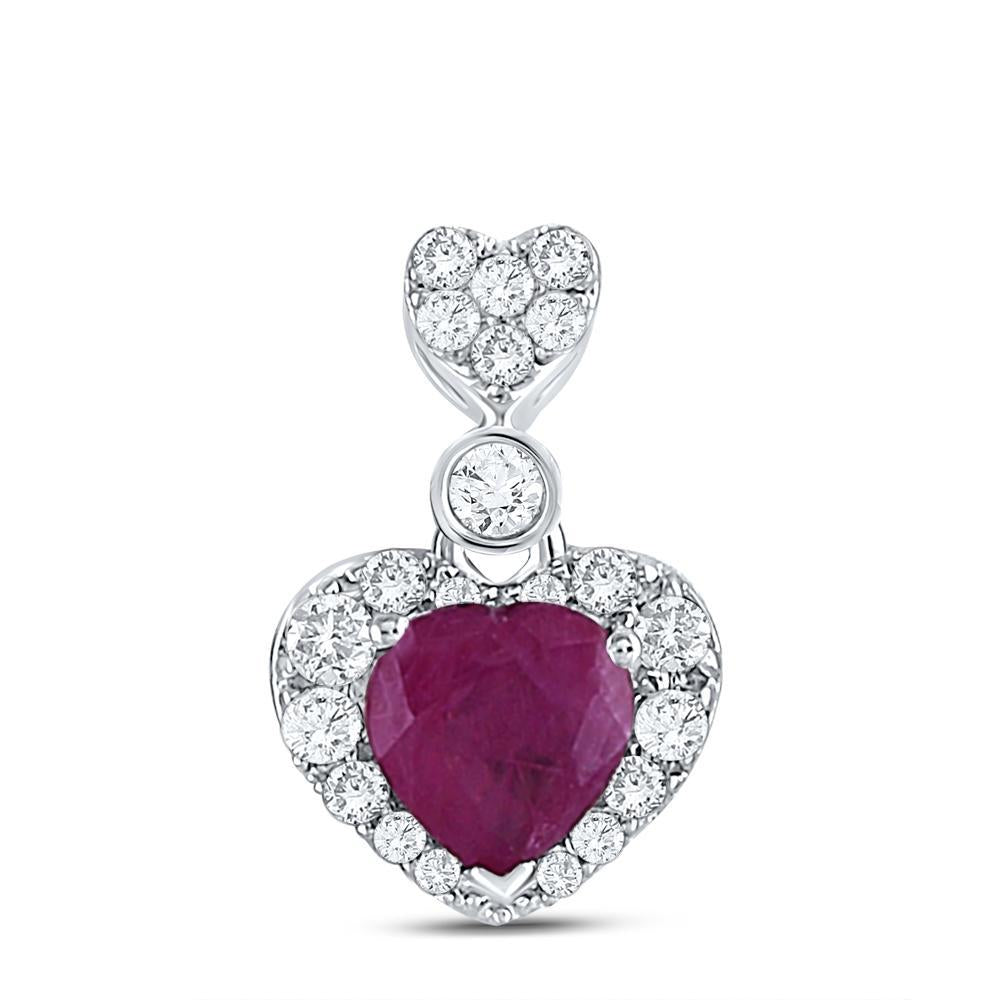 10kt White Gold Womens Heart Ruby Diamond Fashion Pendant 3/8 Cttw