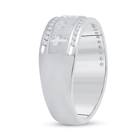 14kt White Gold Mens Round Diamond Wedding Cross Band Ring 1/4 Cttw