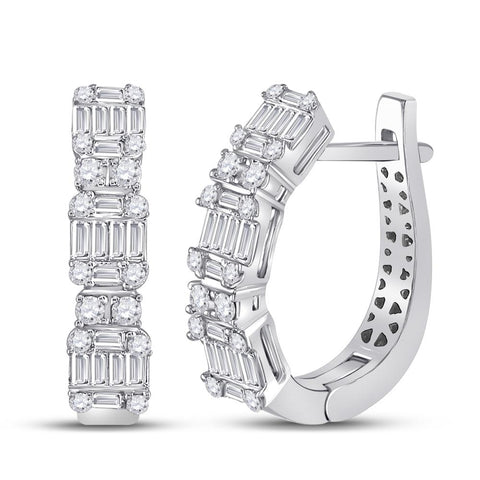 14kt White Gold Womens Baguette Diamond Fashion Hoop Earrings 1 Cttw