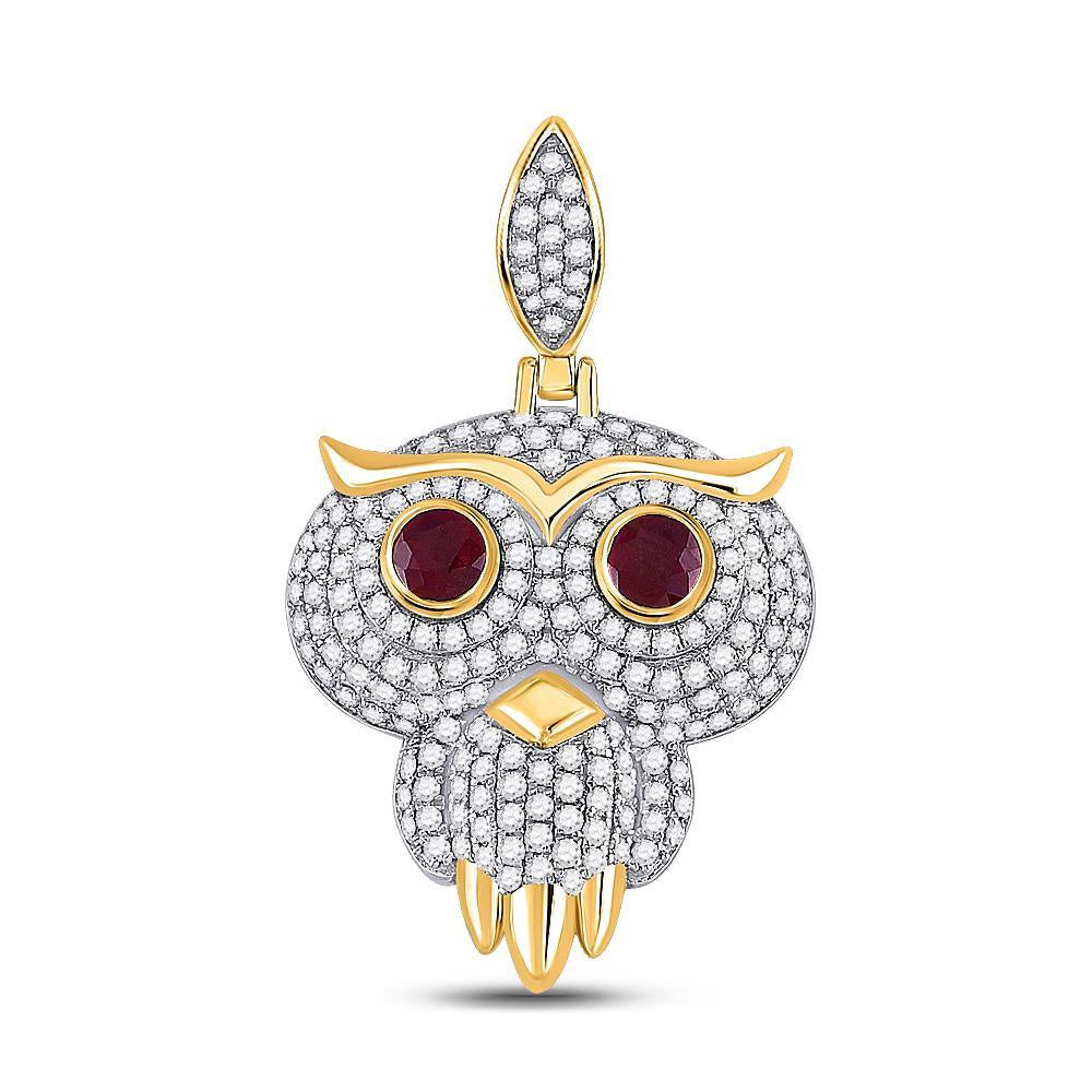 10kt Yellow Gold Mens Round Ruby Diamond Owl Bird Charm Pendant 2-5/8 Cttw