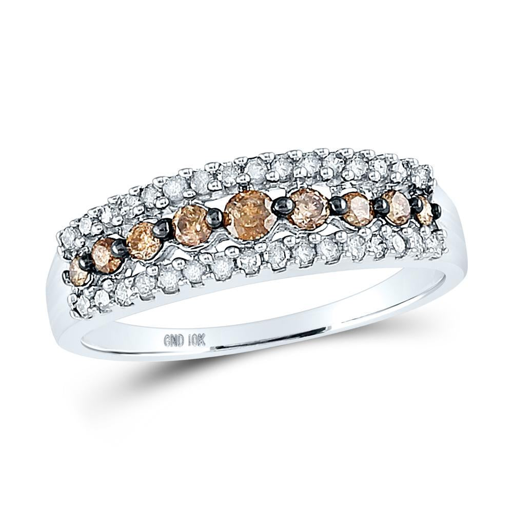 10kt White Gold Womens Round Brown Diamond Triple Row Band Ring 1/2 Cttw