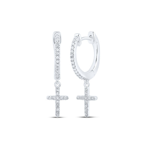 10kt White Gold Womens Round Diamond Cross Dangle Earrings 1/6 Cttw