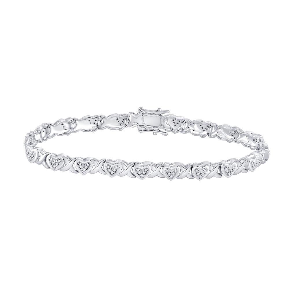 Sterling Silver Womens Round Diamond Heart Tennis Bracelet 1/4 Cttw