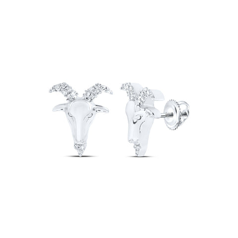 10kt White Gold Round Diamond Zodiac Aries Goat Stud Earrings 1/10 Cttw