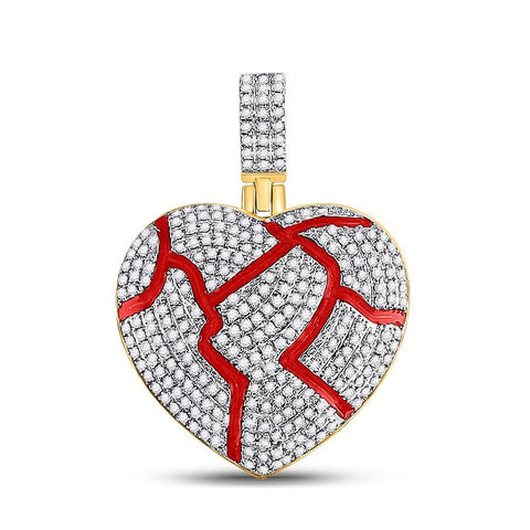 10kt Yellow Gold Mens Round Diamond Red Broken Heart Charm Pendant 3/4 Cttw