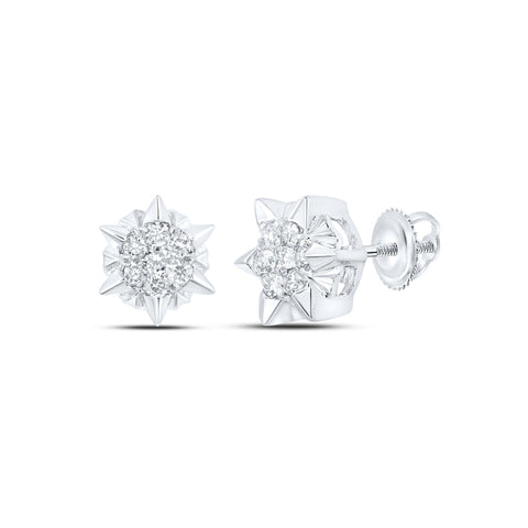 10kt White Gold Womens Round Diamond Starburst Cluster Earrings 1/5 Cttw