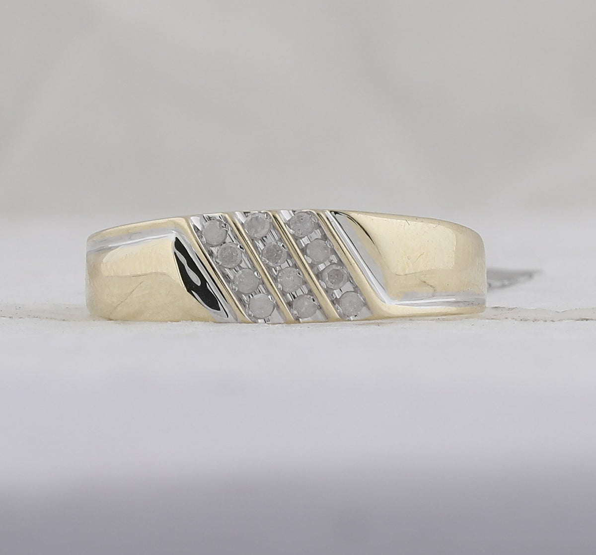 10kt Yellow Gold Mens Round Channel-set Diamond Diagonal Triple Row Wedding Band 1/8 Cttw