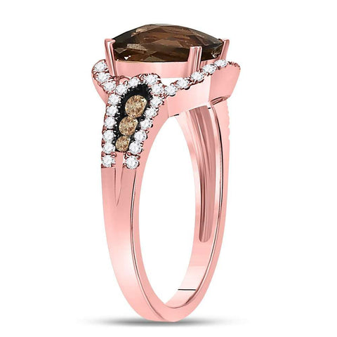 10kt Rose Gold Womens Cushion Smoky Quartz Brown Diamond Solitaire Ring 2-1/3 Cttw