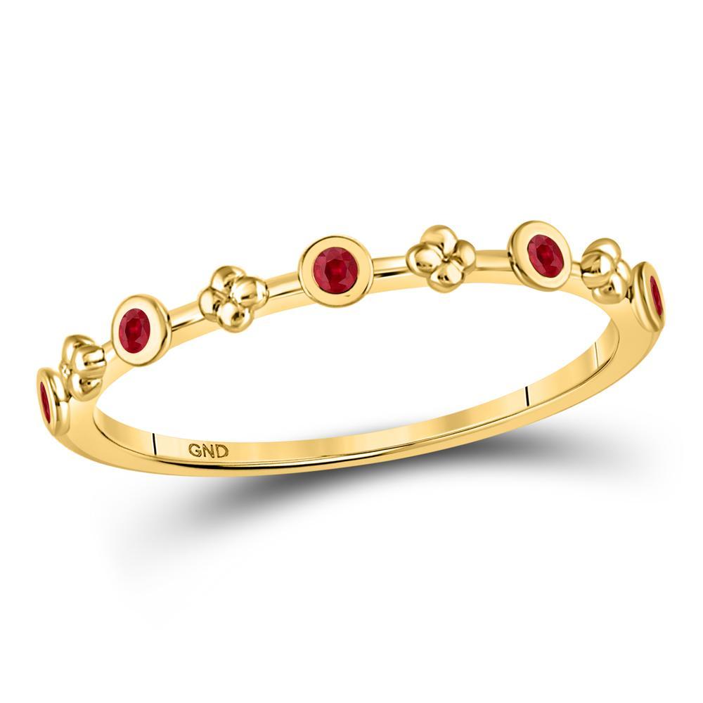 10kt Yellow Gold Womens Round Ruby Dot Flower Stackable Band Ring 1/12 Cttw