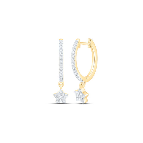 10kt Yellow Gold Womens Round Diamond Star Hoop Dangle Earrings 1/5 Cttw