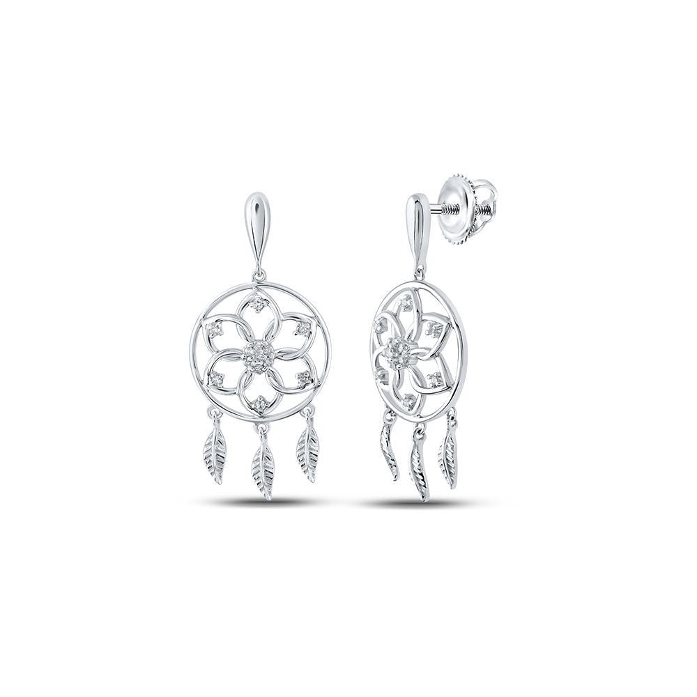 10kt White Gold Womens Round Diamond Dream Catcher Dangle Earrings 1/10 Cttw