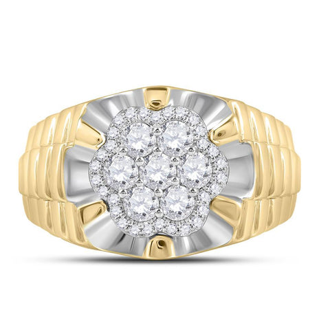 10kt Two-tone Yellow White Gold Mens Round Diamond Flower Cluster Ribbed Ring 1 Cttw