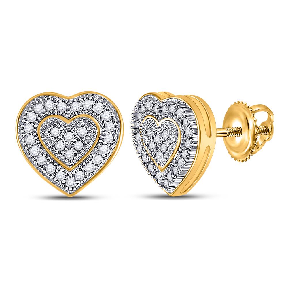 10kt Yellow Gold Womens Round Diamond Heart Cluster Earrings 1/6 Cttw