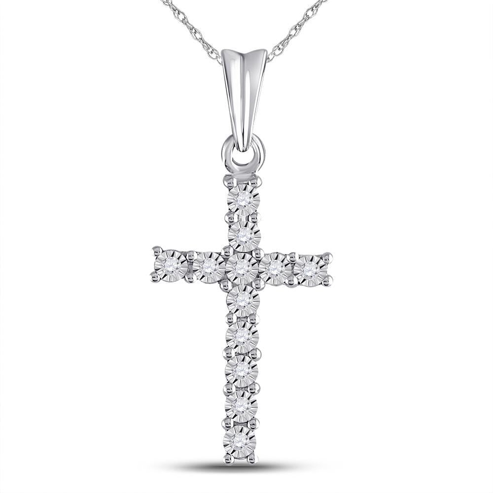 10kt White Gold Womens Round Diamond Cross Pendant 1/20 Cttw