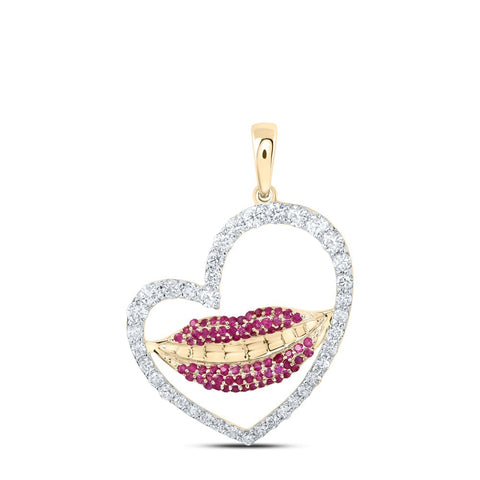 10kt Yellow Gold Womens Round Ruby Diamond Lips Heart Pendant 1 Cttw