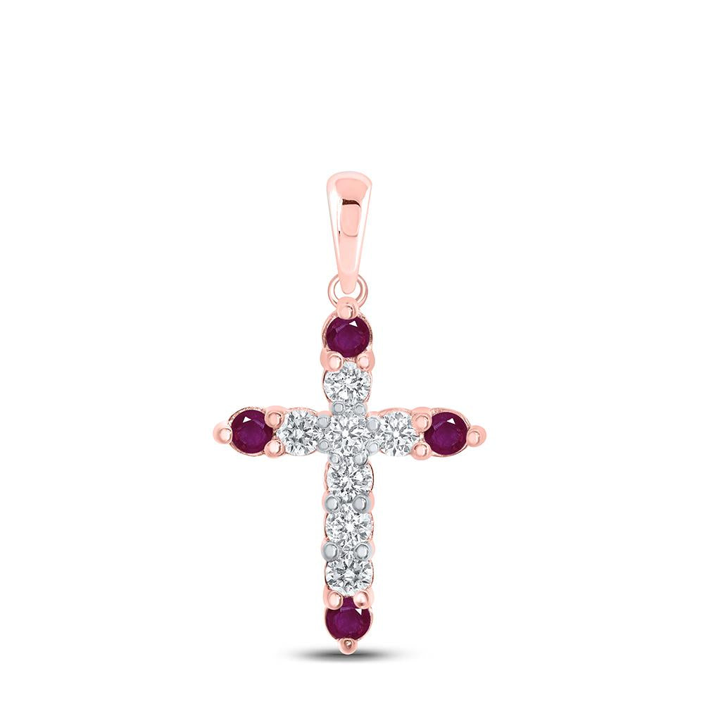 10kt Rose Gold Womens Round Ruby Diamond Cross Pendant 1/2 Cttw